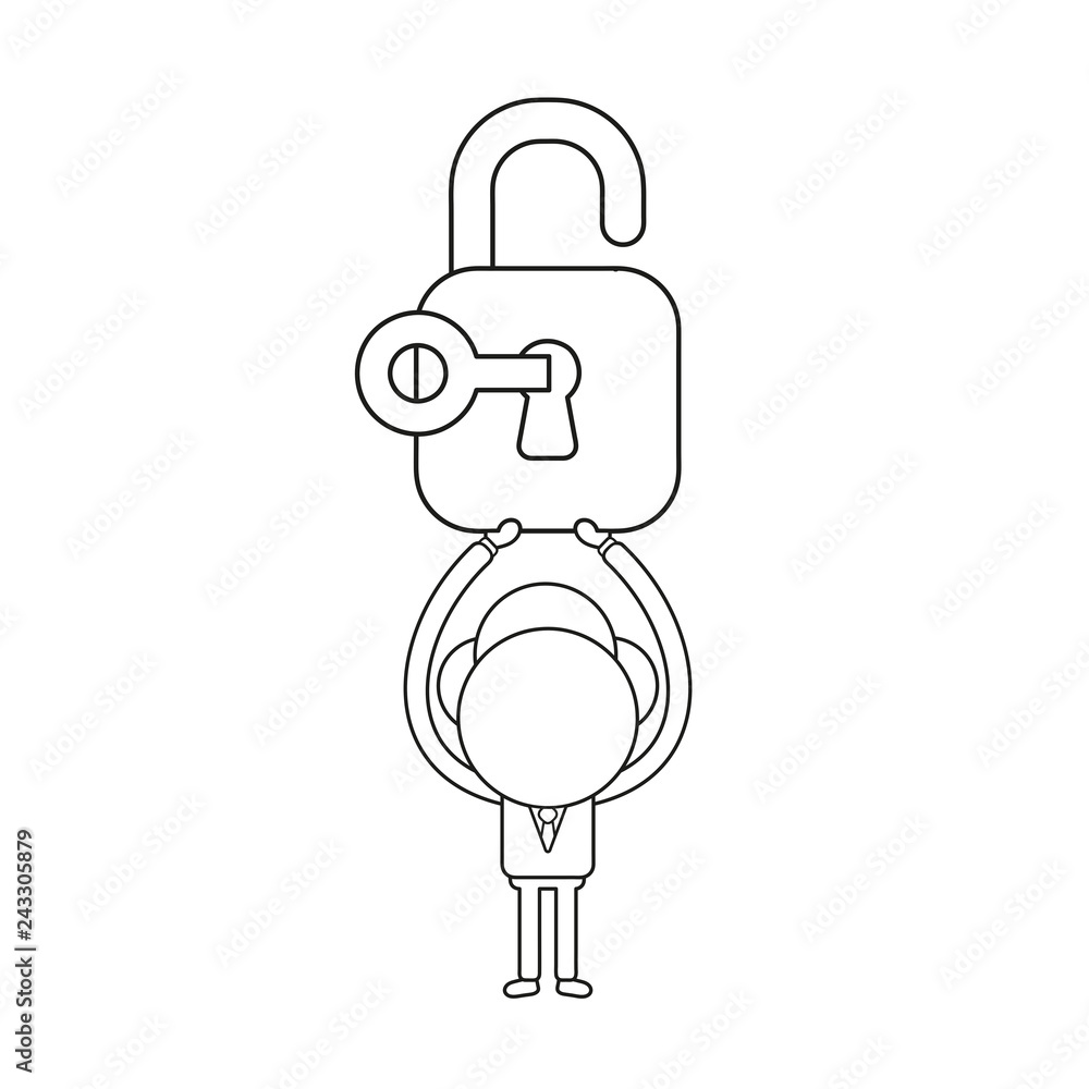 Vector illustration of businessman character holding up opened padlock with key. Black outline. Vector illustration of businessman character holding up opened padlock with key. Black outline.