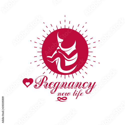 Vector embryo emblem. New life beginning drawing. Pregnancy assistance center conceptual icon.