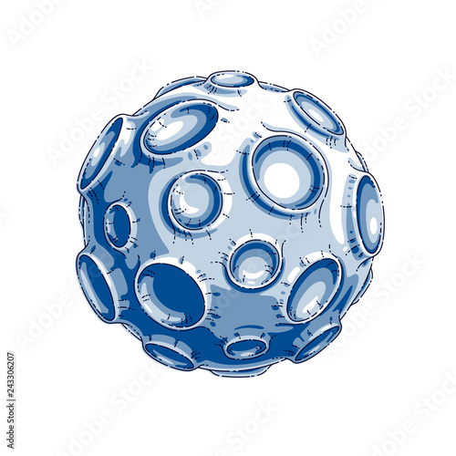 Small cartoon vector fantastic planet with craters from asteroid and meteorite rains fall. Thin line 3d vector illustration isolated on white background.