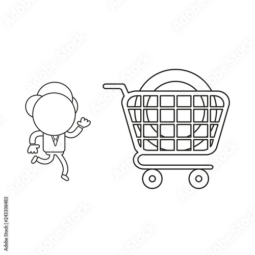 Vector illustration of businessman character running to dollar coin inside shopping cart. Black outline.