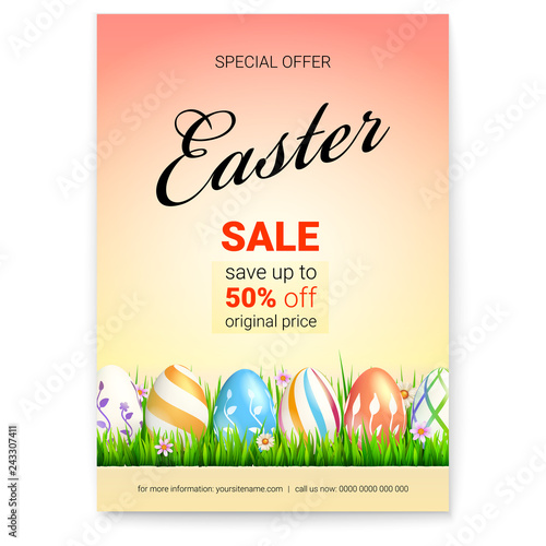 Easter sale. Save up to 50 percent of original price. Decorated of holidays eggs in green grass. Poster for seasonal actions of reduce of price, discount, special and limited offers.