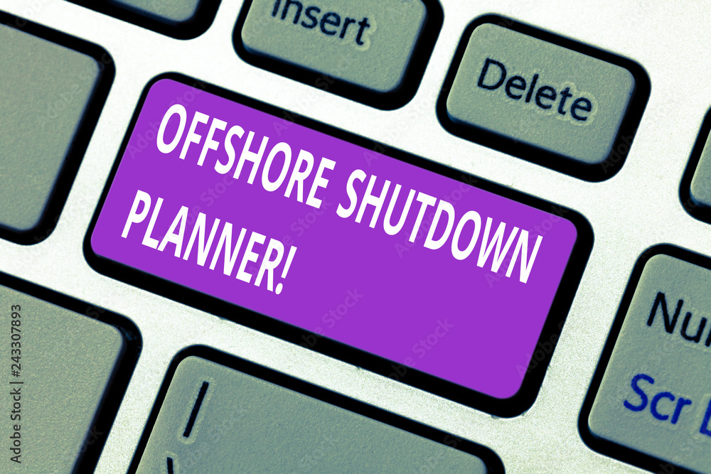 Word writing text Offshore Shutdown Planner. Business concept for Responsible for plant maintenance shutdown Keyboard key Intention to create computer message pressing keypad idea Word writing text Offshore Shutdown Planner. Business concept for Responsible for plant maintenance shutdown Keyboard key Intention to create computer message pressing keypad idea