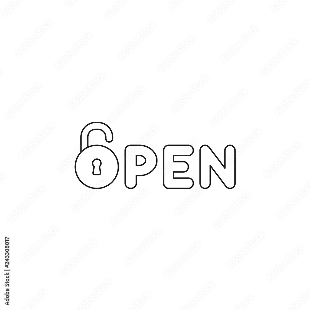 Vector icon concept of open word with opened padlock. Black outlines. Vector icon concept of open word with opened padlock. Black outlines.