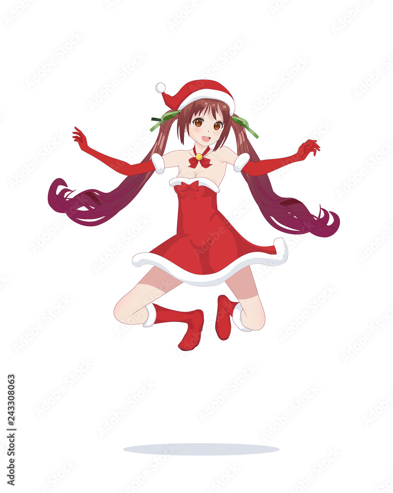 Joyful anime manga girl as Santa Claus in a jump Joyful anime manga girl as Santa Claus in a jump