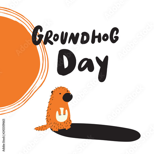 Groundhog day. Funny hand drawn illustration of groundhog looking at his shadow. Vector.