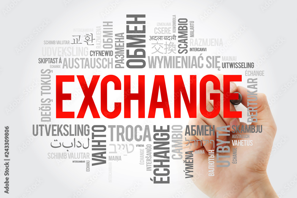 Exchange word cloud in different languages, business concept with marker Exchange word cloud in different languages, business concept with marker