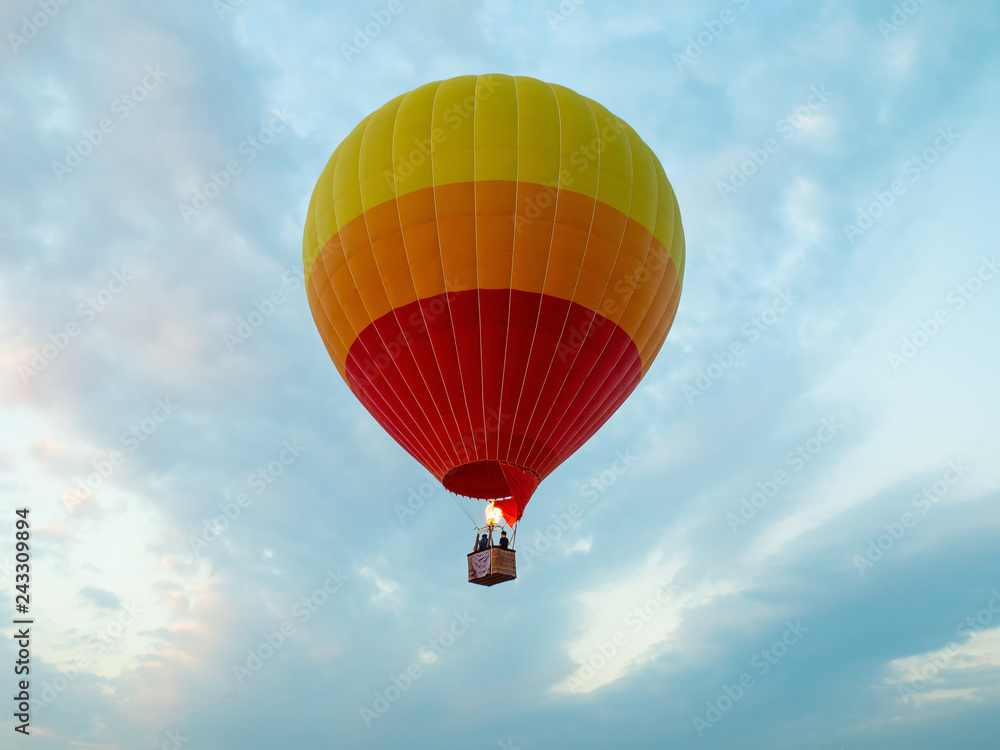 Fototapeta premium hot air balloon over the green paddy field. Composition of nature and blue sky background.