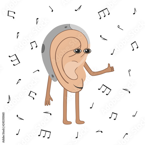 Joyful human ear listening to music with hearing aid. Cartoon