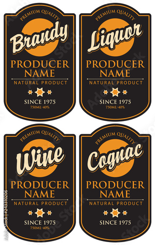 Vector set of four labels for various alcoholic beverages in the figured frame with calligraphic inscriptions on black background in retro style