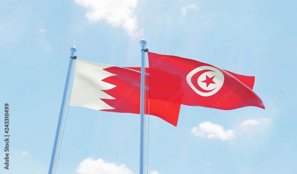 Tunisia and Bahrain, two flags waving against blue sky. 3d image Tunisia and Bahrain, two flags waving against blue sky. 3d image