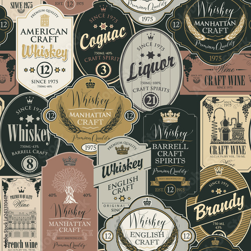 Vector seamless pattern with collage of labels for various alcoholic beverages in retro style with inscriptions of whiskey, liquor, cognac, wine, brandy.