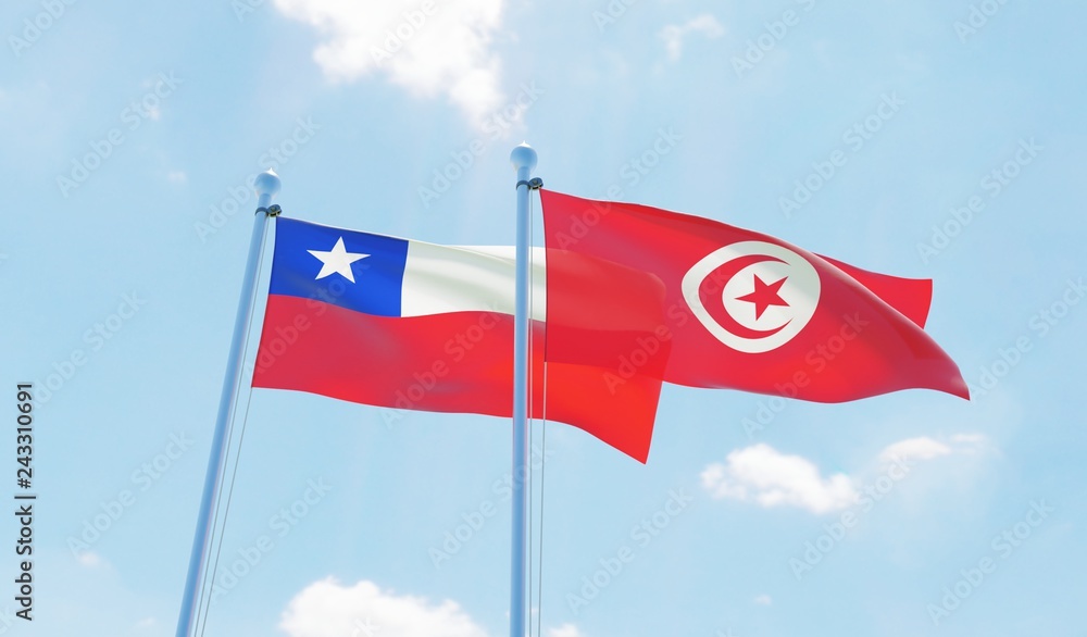 Tunisia and Chile, two flags waving against blue sky. 3d image Tunisia and Chile, two flags waving against blue sky. 3d image