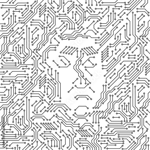 Printed circuit board black and white computer technology with an angry human face, evil artificial intelligence concept, vector