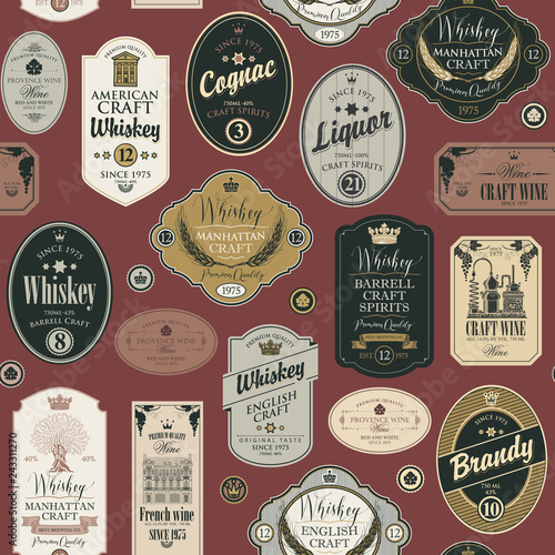 Vector seamless pattern with collage of labels for various alcoholic beverages on a burgundy background in retro style with inscriptions of whiskey, liquor, cognac, wine, brandy.