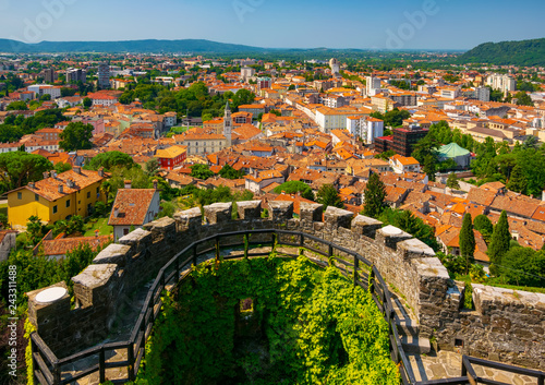 Aerial view of Gorizia city centre and semi-circular bastion of medieval castle, Friuli Venezia Giulia, Italy