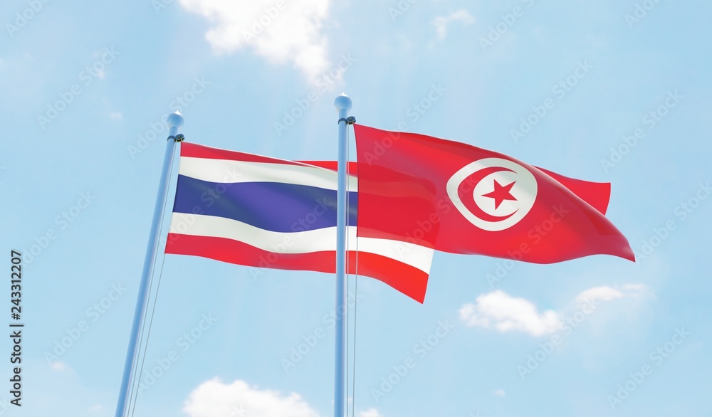 Tunisia and Thailand, two flags waving against blue sky. 3d image