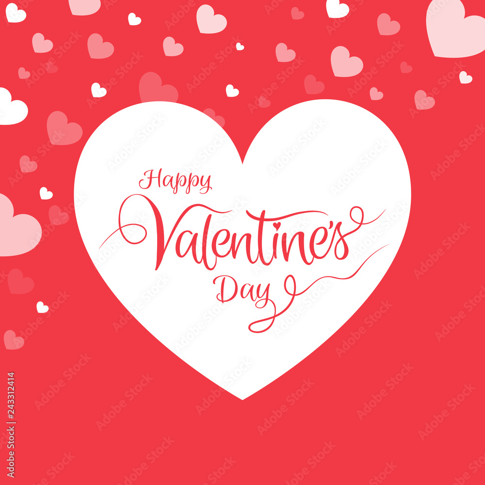 Happy Valentine's Day greeting card calligraphy hand writing with love heart on red background. Vector illustration.