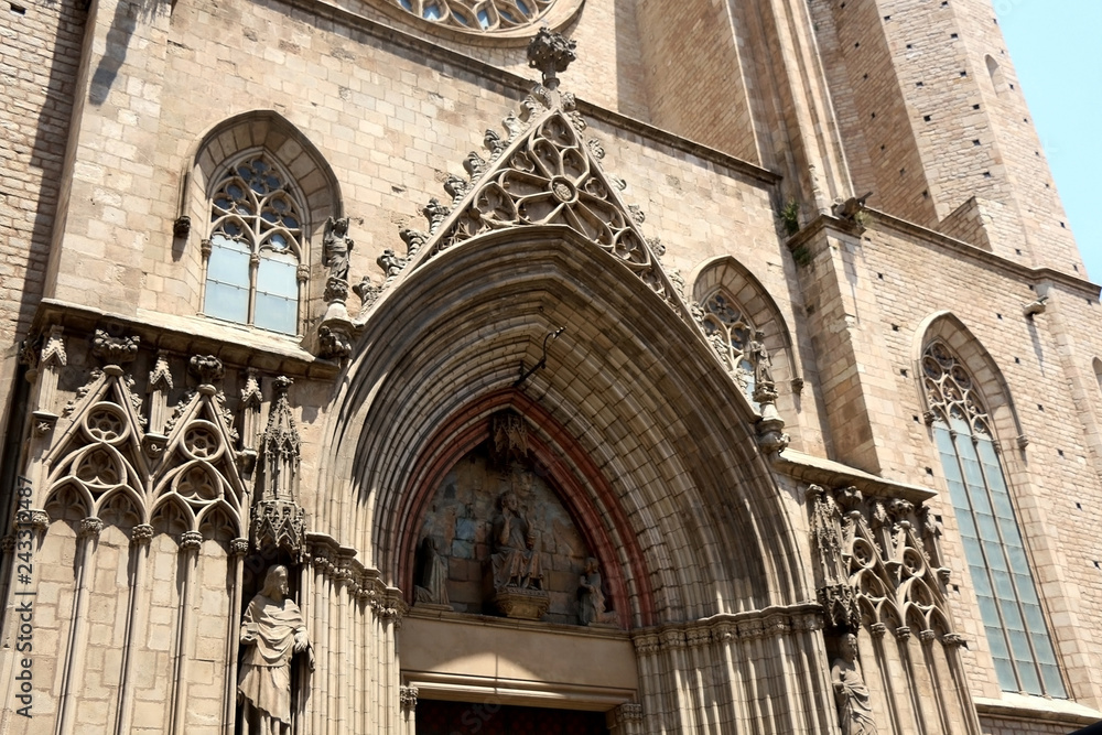 Basilica of Santa Maria del Mar is a beautiful gothic church in Barcelona, Spain.