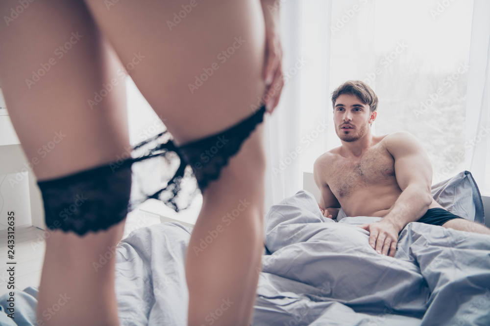 Close-up view of put off panties lady's legs in front of attract Stock  Photo