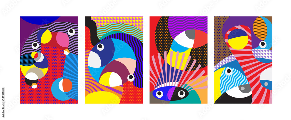 Naklejka Vector Abstract Colorful Geometric and Curvy pattern background illustration. Set of Abstract Tribal Ethnic background for Cover, Poster, and print in Eps 10