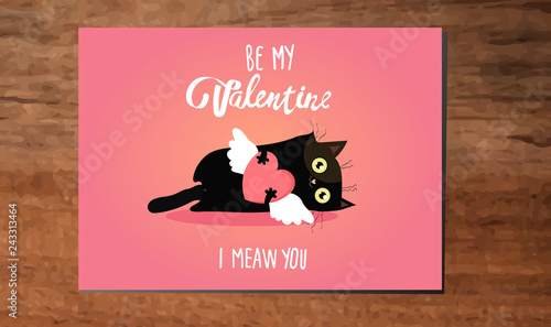 Valentine's day illustration with cat, i meaw you and heart, big sale, love Invitation card, abstract background with text love, 14th of February. photo