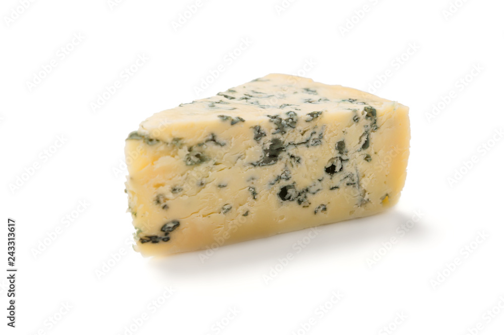 Wedge of soft blue cheese with mold isolated on white background.