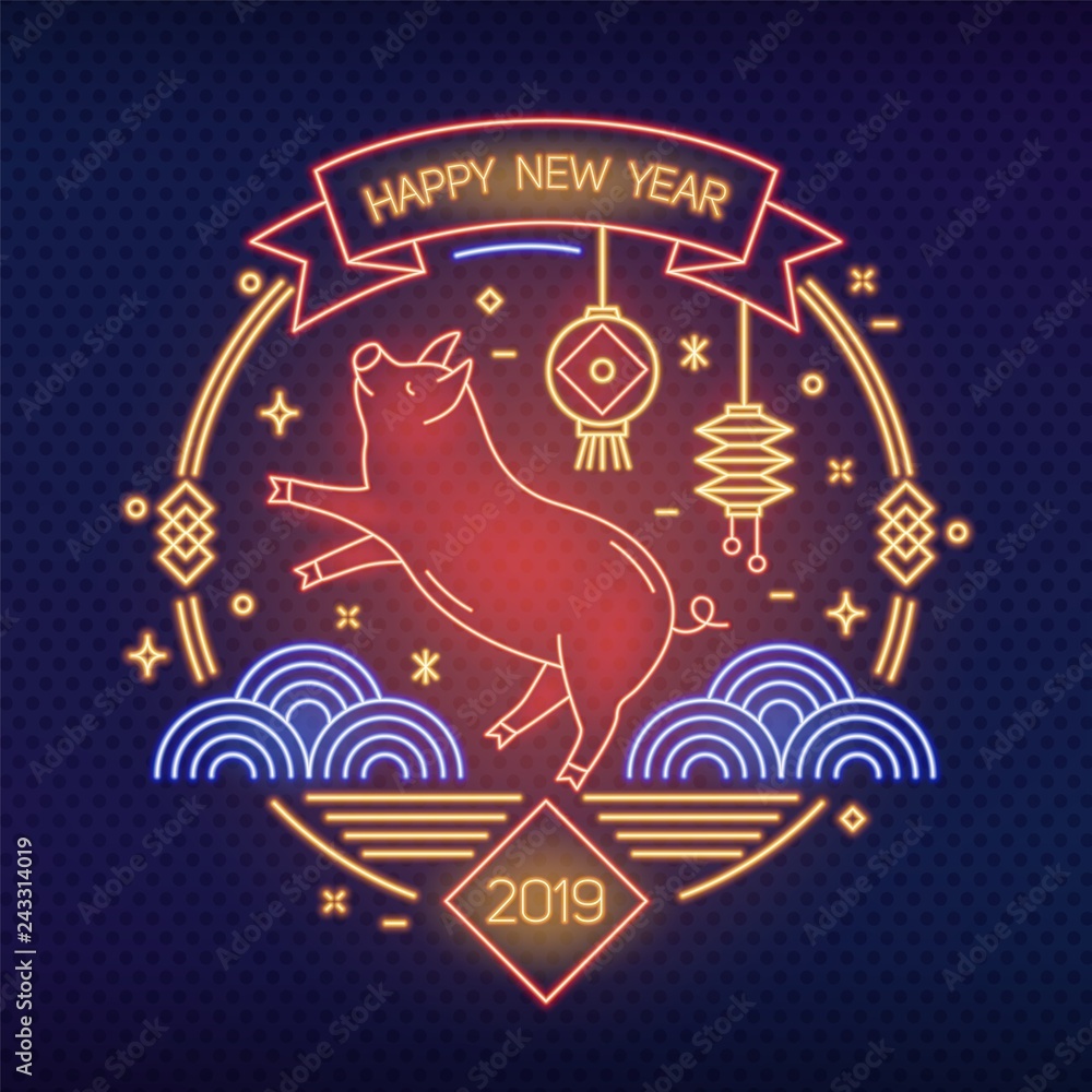 Chinese new year banner template with funny pig and traditional paper lanterns drawn with glowing neon lines on dark background. Festive decoration for holiday celebration. Linear vector illustration.