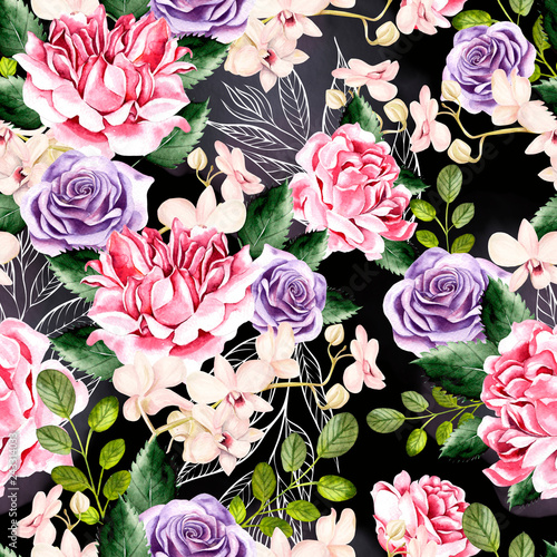 Watercolor pattern with green leaves, rose and orchids flowers.