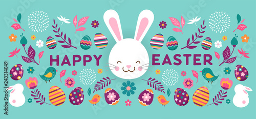 Happy Easter, vector banner with flowers, eggs and bunnies