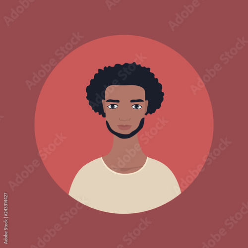 Young handsome exotic looking man icon Perfect front face view Mixed race South East Asian Islander African Arabic Avatar profile picture for social media app Black long curly wavy hair tanned skin.