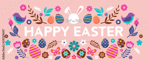Happy Easter, vector banner with flowers, eggs and bunnies