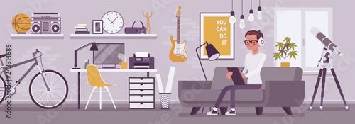 Freelancer boy room interior, home office design