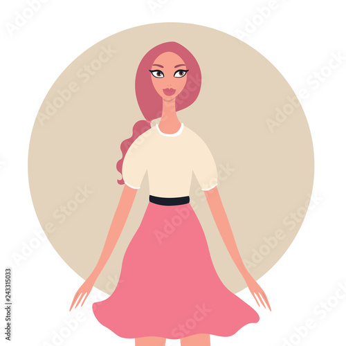 Cute young beautiful teenager girl portrait Young Adult Pretty female with stylish hairstyle pink braid hair wearing trendy clothes beige blouse skirt Fashion Model isolated on white Cartoon Character