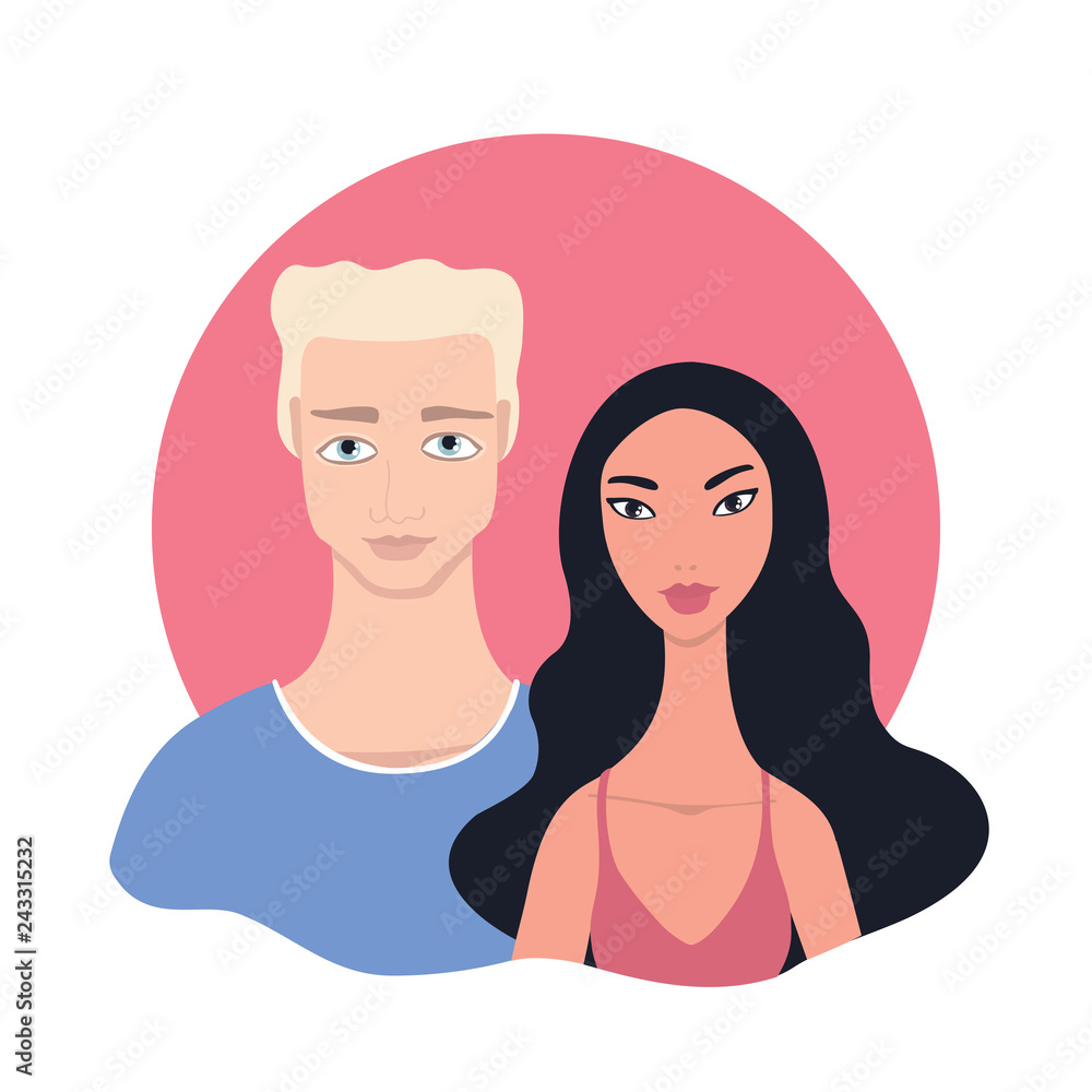 Couple Portrait Happy young mixed race multi racial family Handsome Blond Caucasian Man Blue eyes Beautiful Asian Woman long black wavy hair Love Happiness Relationship concept Face portrait web icon.