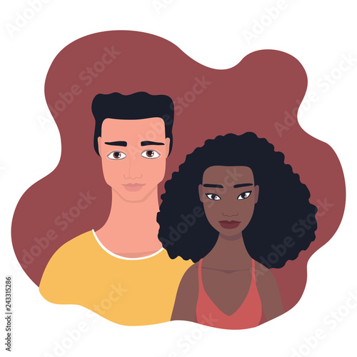 Multi Racial Mixed race couple Young beautiful African American Black woman portrait long curly hair Handsome man Black Wavy Hair Caucasian Hispanic White Happy people Love Relationship Marriage Icon.