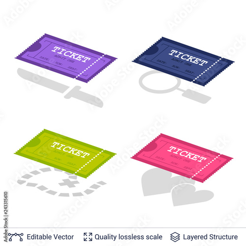Set of cinema entry ticket icons isolated on white