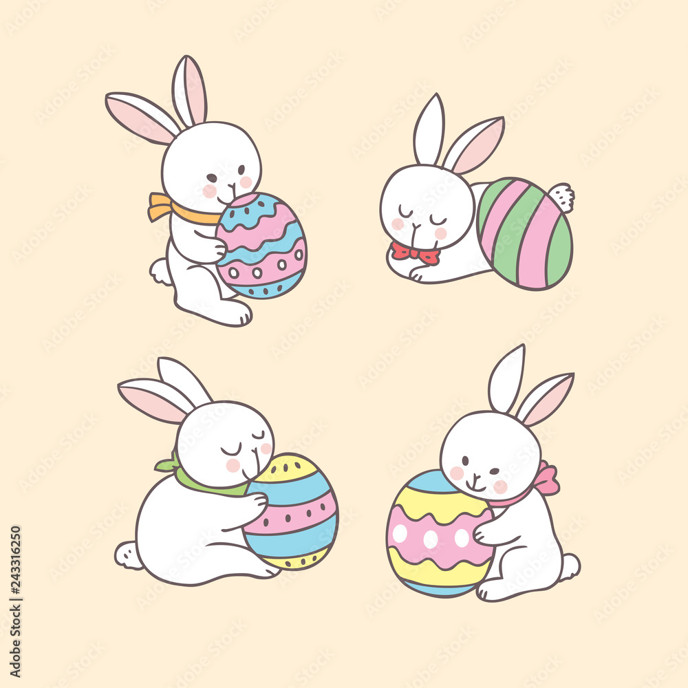 Obraz premium Cartoon Easter day rabbit and colorful egg vector.