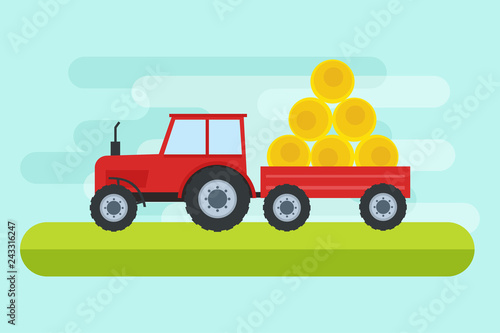 Vector illustration of tractor working on farmed land in flat style. Vector illustration.