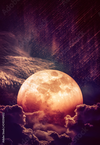 Landscape of sky with supermoon, many stars and meteor shower.