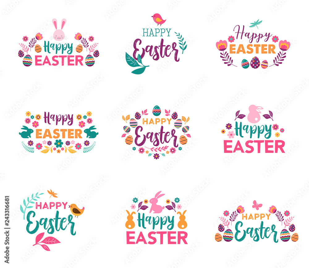 Obraz premium Happy Easter, vector symbols, logo, badges and lettering design