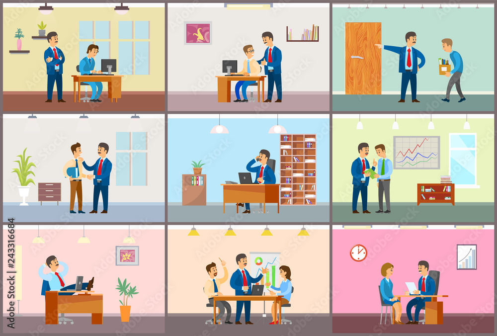 Boss Working in Office, Dismissal and Interview Boss Working in Office, Dismissal and Interview