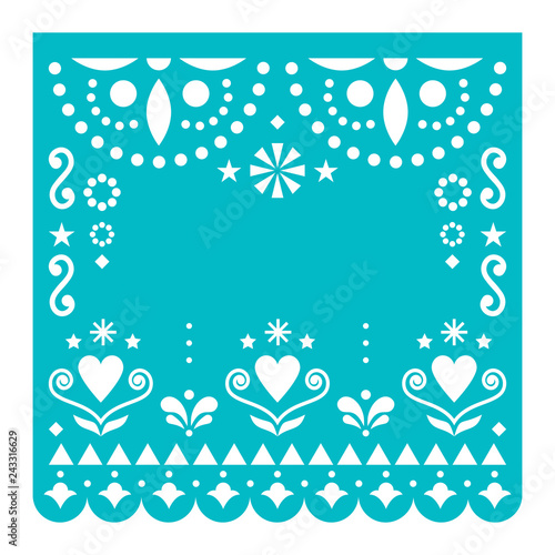 Papel Picado template with no text vector design, Mexican turquoise paper fiesta decoration from Mexico with flowers and geometric pattern 
