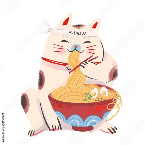 Maneki neko with ramen. Japanese cat eats noodles. Hand drawn colored illustartion