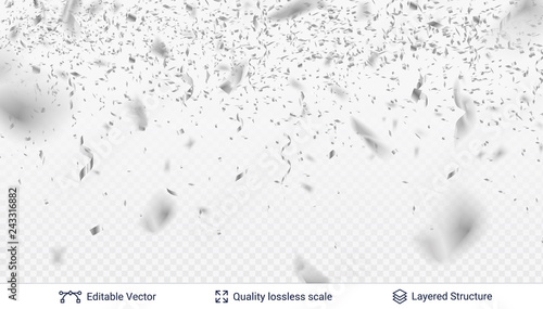 Silver festive tinsel confetti blurred in motion.