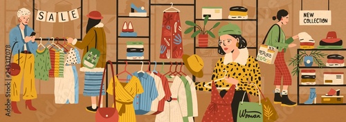 Women choosing and buying stylish clothes at clothing store or apparel boutique. Female customers purchasing trendy garments at shop. Fast fashion and mass market. Flat cartoon vector illustration.