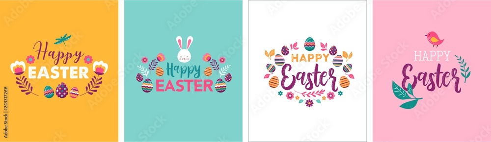 Fototapeta premium Happy Easter, vector symbols, logo, badges and lettering design