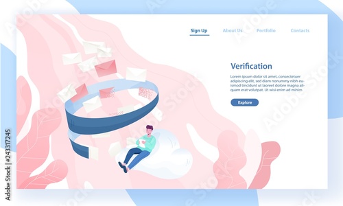 Web banner template with man sitting on cloud and reading incoming letters. Email filtering, anti-spam software, inbox message verification. Vector illustration for internet service advertisement.