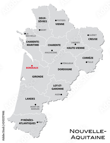simple gray administrative map of the new french region Nouvelle-Aquitaine