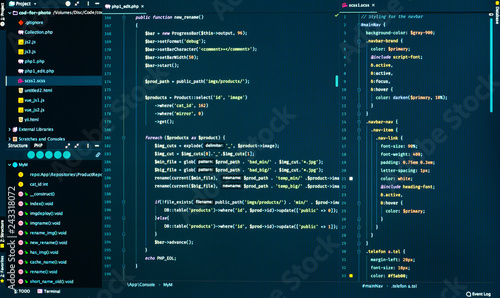 Css and php code on dark blue background, close up. Splitting of css and php code in the code editor, front view