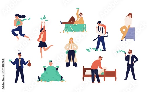 Bundle of rich men and women isolated on white background. Set of careless wealthy people, moneybags or nouveau riches throwing money bills, carrying and hiding them. Flat cartoon vector illustration.